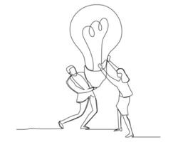Continuous line drawing of business men and women together holding up lamps. Business growth concept vector