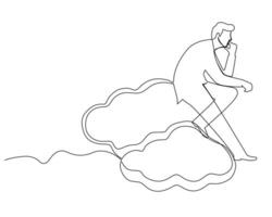 Continuous line drawing of a businessman daydreaming and sitting on a cloud. Business growth concept. Design illustration vector