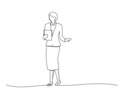 Continuous single one drawing businesswoman is holding a book and explaining the strategy. illustration design for business growth strategy concept. vector