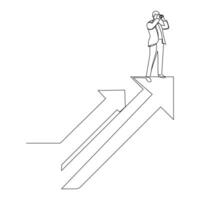 A businessman is standing on top of an arrow and looking through binoculars to see future prospects. This represents the concept of business planning. Continuous line illustration in graphic design vector