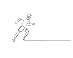 continuo soltero línea dibujo de lado ver de el hombre empezado corriendo en un Derecho pista. sano deporte formación concepto. diseño ilustración vector