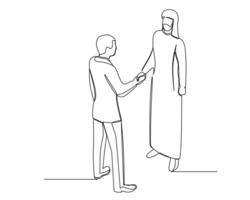 Continuous line drawing of Businessman shaking hands with Arab businessman. Business growth concept. Design illustration vector