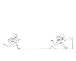 Continuous line drawing illustration of a man chasing a woman who is almost to the finish line, bussiness concept, never give up, struggling vector