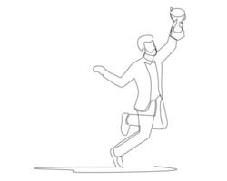 Continuous one line drawing the businessman was happy and celebrating with holding the trophy. Business growth concept. achievement. Design illustration vector