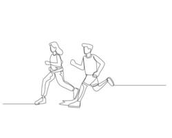 Continuous single line drawing of young man and woman jogging together on a straight track. Healthy sport training concept. Design illustration vector