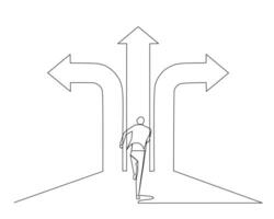 Continuous single one line drawing a businessman who runs in 3 different arrow directions. concept of choice in career vector