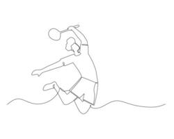 soltero continuo línea dibujo joven ágil mujer bádminton jugador saltar y aplastar volante. bádminton torneo evento. deporte ejercicio sano concepto. uno línea dibujar diseño ilustración vector