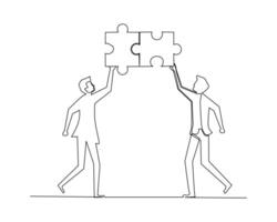 Teamwork concept. Continuous line drawing of business people assembling jigsaw puzzle. illustration. vector