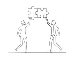 Teamwork concept. Continuous line drawing of business people assembling jigsaw puzzle. illustration. vector