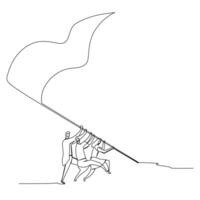 uno continuo línea dibujo de masculino y hembra equipo miembro palo juntos sostiene bandera a alcanzar el parte superior de el colina. trabajo en equipo. diseño ilustración vector