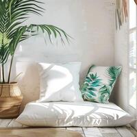White Pillow mockup in an elegant, light modern living room photo