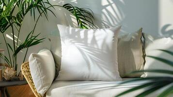 blanco almohada Bosquejo en un elegante, ligero moderno vivo habitación foto