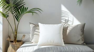 White Pillow mockup in an elegant, light modern living room photo