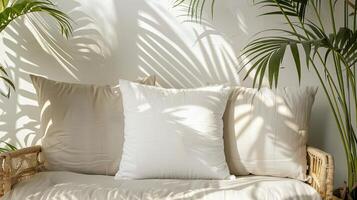 White Pillow mockup in an elegant, light modern living room, Ready to replace your design photo