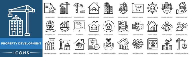 Property Development icon. Housing Project, Real Estate Development, Construction Site, Residential Community, Building Progress, Land Development, Blueprint Planning, Housing Expansion vector