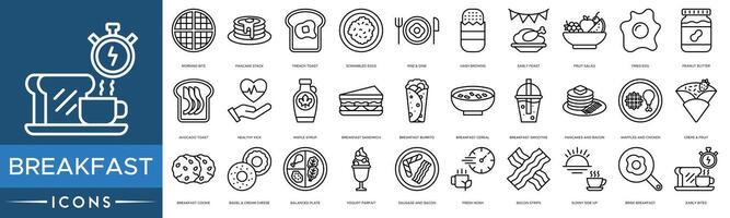 Breakfast icon set. Morning Bite, Pancake Stack, French Toast, Scrambled Eggs , Rise and Dine, Hash Browns, Early Feast, Fruit Salad, Fried Egg, Peanut Butter vector