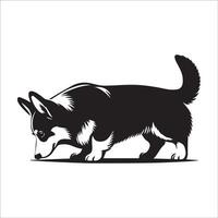 A Pembroke Welsh Corgi searching eating illustration in black and white vector