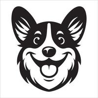 perro logo - un pembroke galés corgi alegre cara ilustración en negro y blanco vector