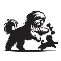 un shih tzu perro jugando con un juguete ilustración en negro y blanco vector