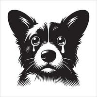 perro logo - un pembroke galés corgi triste cara ilustración en negro y blanco vector