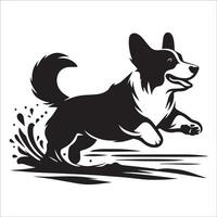 illustration of a Pembroke Welsh Corgi dog jumping in black and white vector