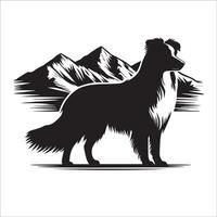 Australian Shepherd - An Australian Shepherd Dog Standing with Mountain illustration in black and white vector