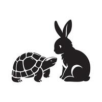 A Turtle with a rabbit illustration in black and white vector