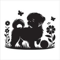 ilustración de un shih tzu perro en pie en jardín en negro y blanco vector