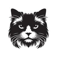 Cat Face - Intense Ragdoll cat face illustration in black and white vector