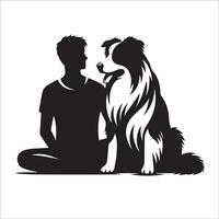 Australian Shepherd - An Australian Shepherd Dog sitting with man illustration in black and white vector