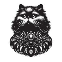 Persian cat with a jeweled collar illustration in black and white vector