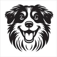 australiano pastor perro - un australiano pastor perro contento cara ilustración en negro y blanco vector