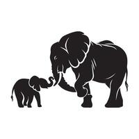 Elephant - a mother and young elephant illustration in black and white vector