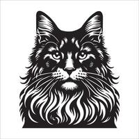 Black and white Aged Maine Coon face illustration vector