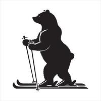ilustración de un oso silueta con esquís en negro y blanco vector