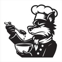 Wolf Logo - A wolf chef testing soup illustration in black and white vector