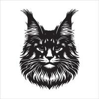 Maine Coon Cat face illustration in black and white vector