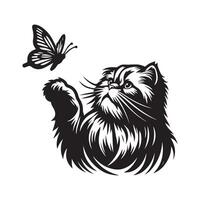 Persian cat batting at a butterfly with its paw illustration in black and white vector