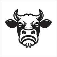 A disgusted cow face illustration in black and white vector