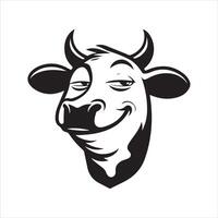 A mocking cow with a sarcastic smile illustration in black and white vector