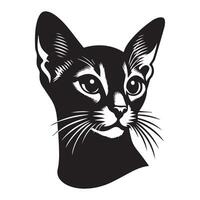 An Abyssinian cat with a curious expression illustration in black and white vector