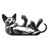 illustration of A relaxed Sphynx cat lying on its back in black and white vector