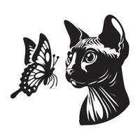 illustration of An intrigued Sphynx cat watching a butterfly in black and white vector