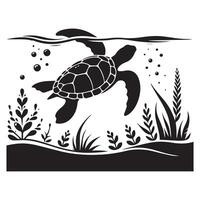 A Turtle swimming below the water illustration in black and white vector