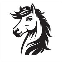 Sassy horse face with a raised head illustrated in black and white vector