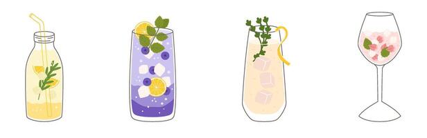 Collection with different taste lemonade and various of glasses shapes. Lemon, blueberry, thyme and rose petals. illustration in outline and flat color style. vector