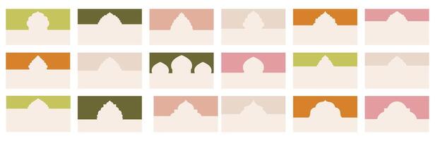 Assortment of diverse geometric forms for website headers or footers adorned with Islamic-style window patterns. Separator template on landing pages to structure design layouts in flat design. vector