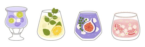 Collection with different taste lemonade and various of glasses shapes. Lemon and mint, fig fruit, strawberry and grapefruit, lime and petals. illustration in outline and flat color style. vector