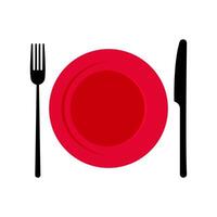 Red plate with black cutlery, fork and knife isolated on white background. vector