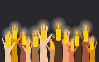 Hands of people of different nationalities hold burning candles vector